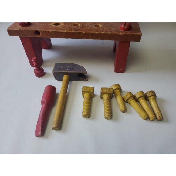 Playskool Vintage Tool Bench with Hammer Pegs brown red and blue, 9 Removable pi - Picture 8 of 11